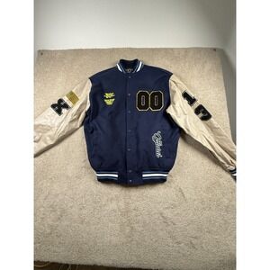 Boohooman Varsity Jacket Mens Medium Navy Blue USA Flag X Patches Snap Button
